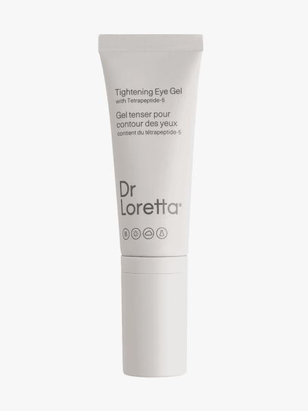 Dr. Loretta Tightening Eye Gel in a light beige tube on light gray background