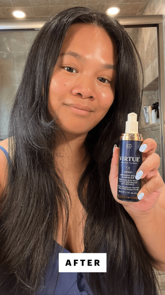 Calaor after applying Virtue's Overnight Scalp and Hair Elixir